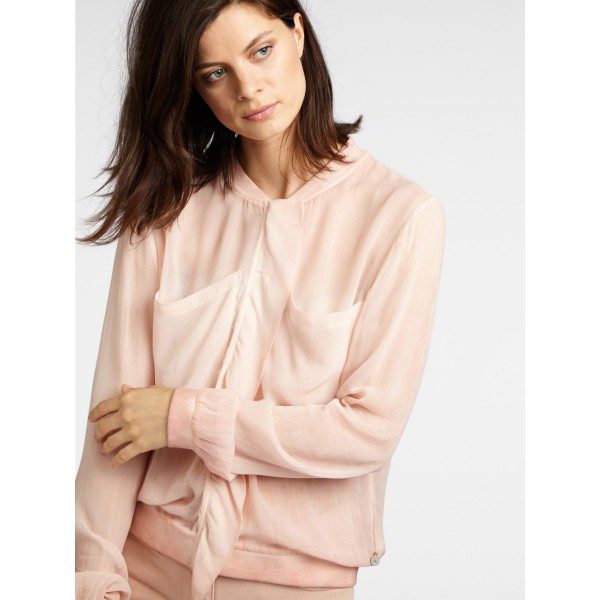 Sandwich sheer ruffle bomber jacket in pale pink available at colmershill.com