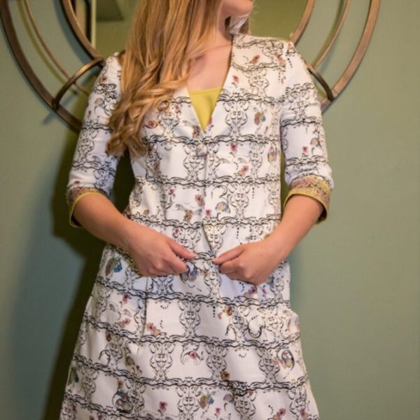 The Isy jacket is a white printed cropped jacket worn with the Jazz Skirt by Italian designer Isabel Giotto available on colmershill.com