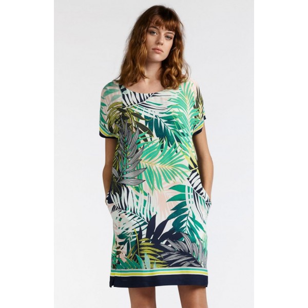 A stunning exotic leaf print dress picking up on a key trend this summer. The Sandwich shift dress has zesty yellow contrasting against greens and navy. Available on colmershill
