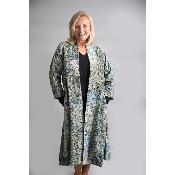Yavi Silk Velvet Coat Aqua Spot print available on colmershill.com