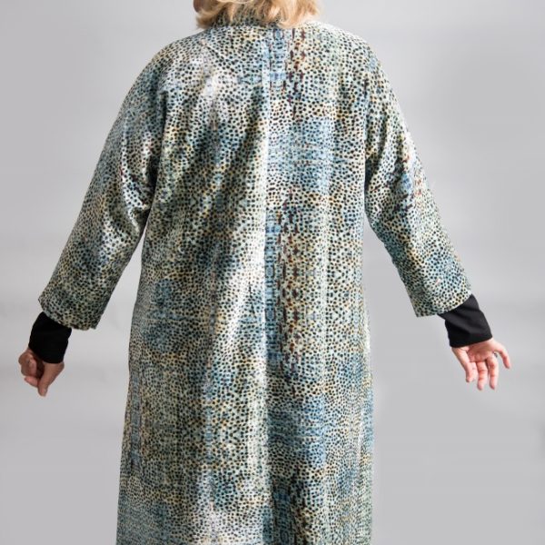 Yavi Silk Velvet Coat Aqua Spot print available on colmershill.com