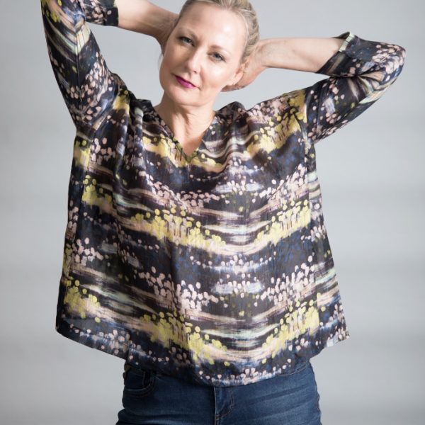 Yavi Silk Box Top Black with Lemon & Dusky Pink available on colmershill.com