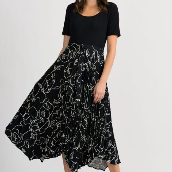 Joseph Ribkoff Pleated Skirt Dress with an arty line print in black and white available on colmershill.com
