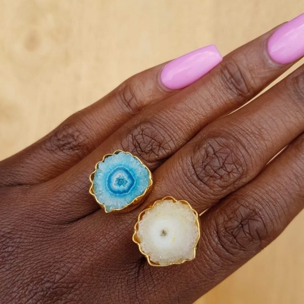 YaaYaa London So Solar Rings Turquoise & White made of Solar Quartz and gold plated available from colmershill.com