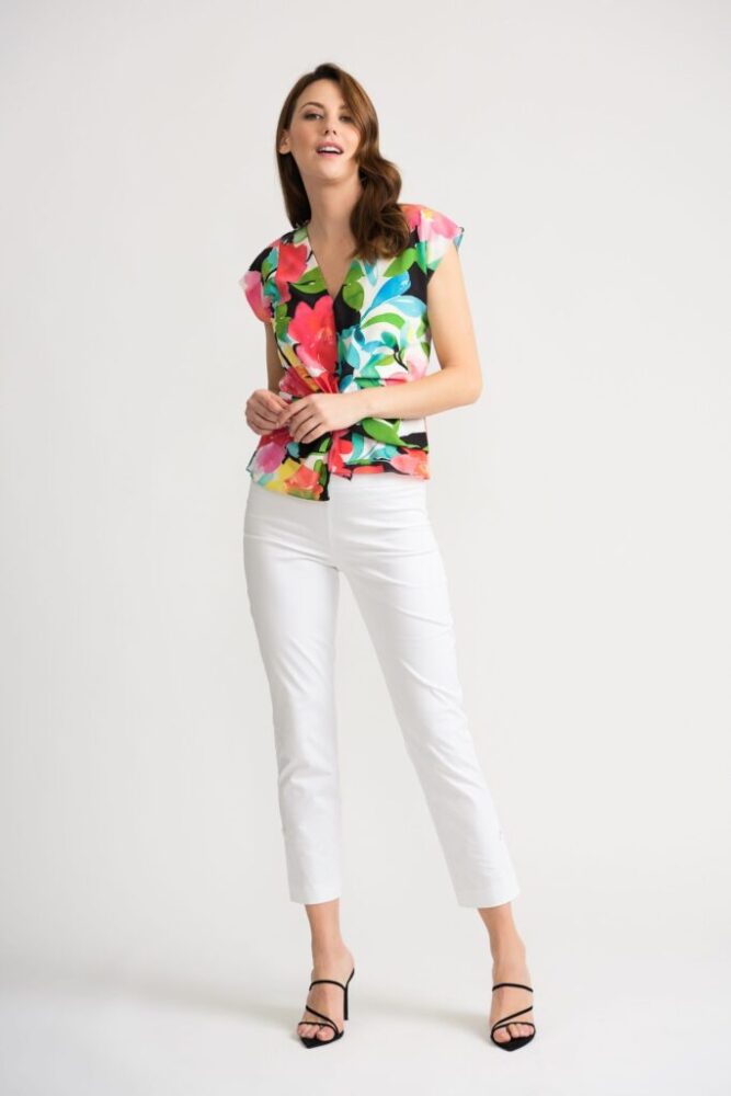 Joseph Ribkoff Floral Print Blouse with cap sleeves and a twisted detail on the front available on colmershill.com