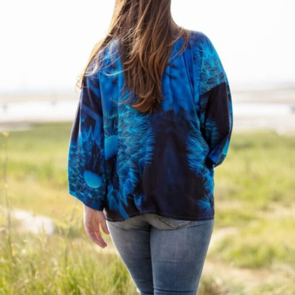 From My Mother's Garden Blown Wishes Kimono with a blue and turquoise print of a Dandelion Clock available from colmershill.com