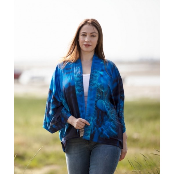 From My Mother's Garden Blown Wishes Kimono with a blue and turquoise print of a Dandelion Clock available from colmershill.com
