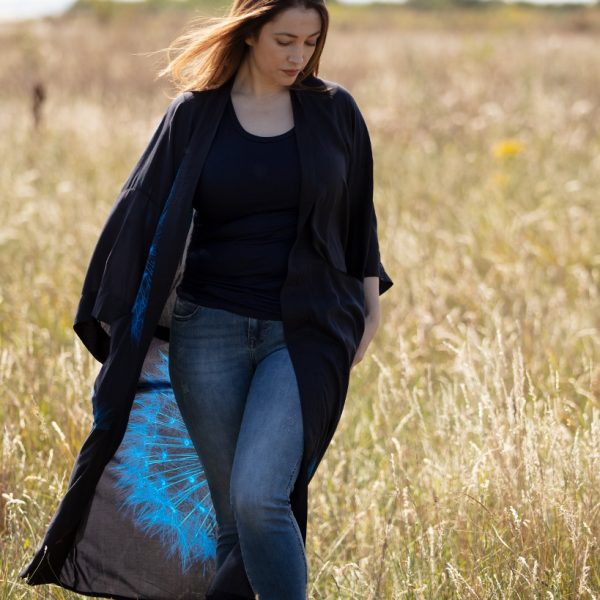 From My Mother's Garden Wishes Long Robe with a Dandelion Clock print in navy and turquoise available on colmershill.com