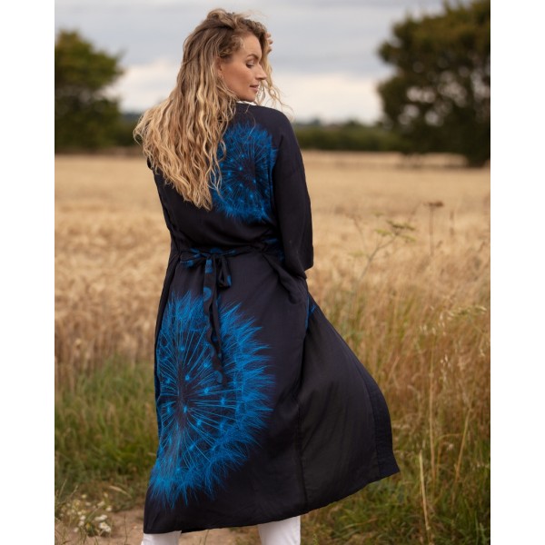 From My Mother's Garden Wishes Long Robe with a Dandelion Clock print in navy and turquoise available on colmershill.com