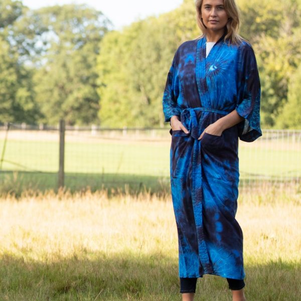 From My Mother's Garden Blown Wishes Long Robe with a Dandelion Clock print in navy and turquoise available on colmershill.com