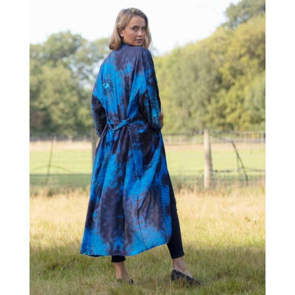 From My Mother's Garden Blown Wishes Long Robe with a Dandelion Clock print in navy and turquoise available on colmershill.com