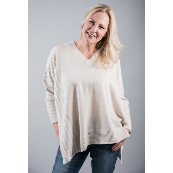 Foil Converging Tastes Sweater in Parchment with striped side panels and asymmetric hemline, available at colmershill.com