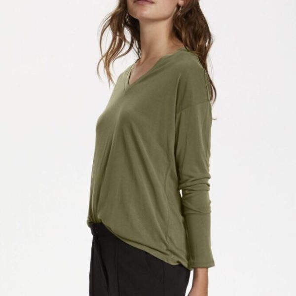 Soaked in Luxury Columbine long sleeve t-shirt with a v-neck in Military Olive available on colmershill.com