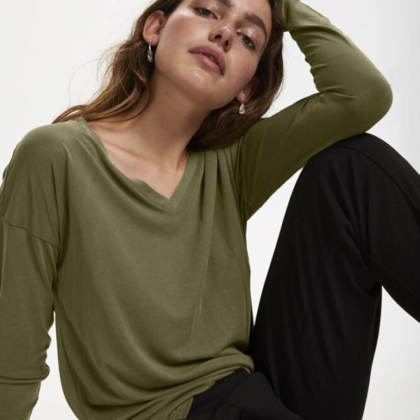 Soaked in Luxury Columbine long sleeve t-shirt with a v-neck in Military Olive available on colmershill.com