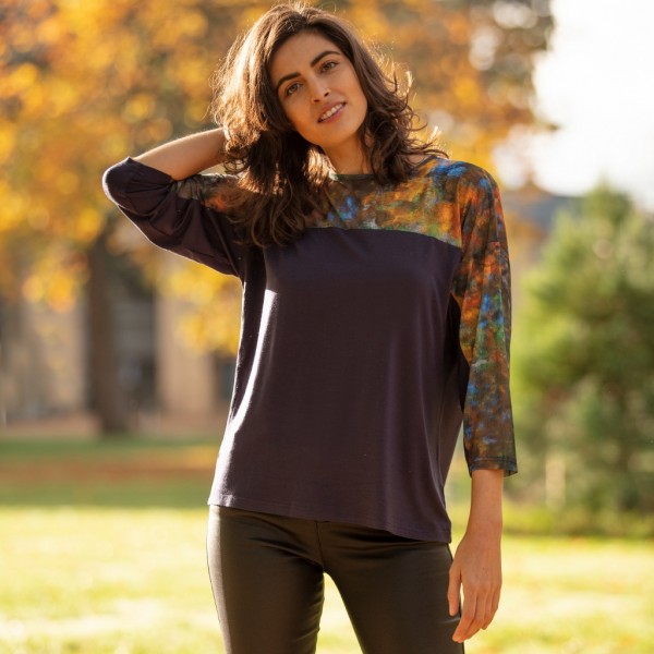 A stunning short jersey top by From My Mother's Garden, a British wearable art fashion label, using the pretty exclusive Reflections print on the shoulders and sleeves. Available on colmershill.com