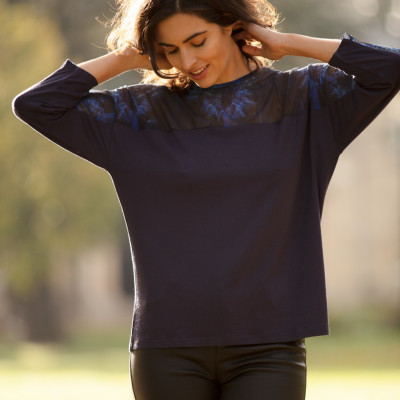 A stunning short jersey top by From My Mother's Garden, a British wearable art fashion label, using the pretty, exclusive WISHES print on the shoulders and sleeves. Available on colmershill.com