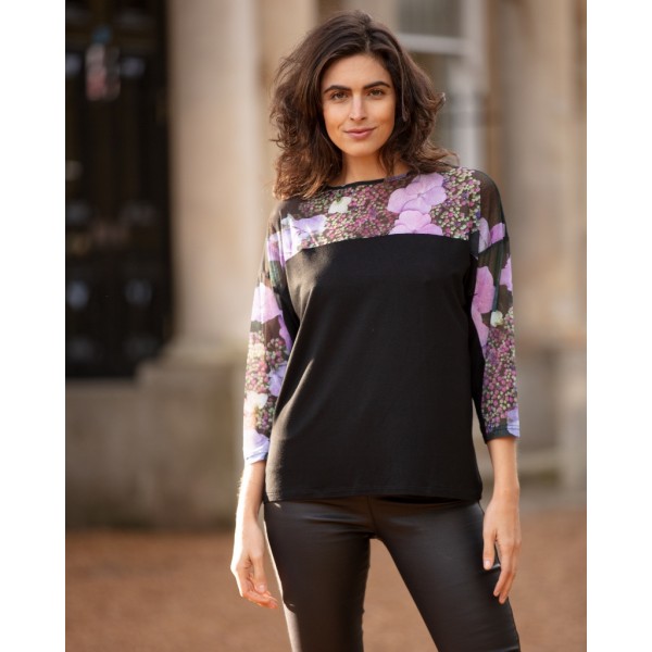 A stunning short jersey top by From My Mother's Garden, a British wearable art fashion label, using the pretty exclusive hydrangea print on the shoulders and sleeves. Available on colmershill.com