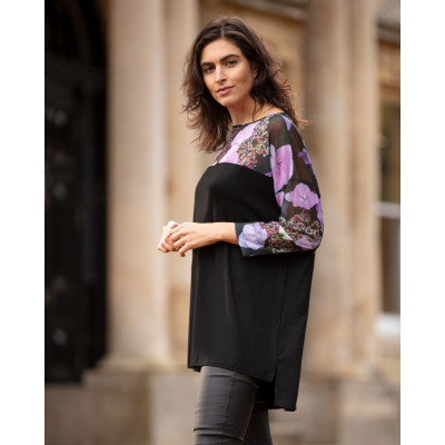 From My Mother's Garden long jersey top with mesh shoulders and sleeves printed in the exclusive hydrangea print. Available from colmershill.com