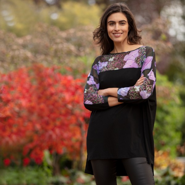 From My Mother's Garden long jersey top with mesh shoulders and sleeves printed in the exclusive hydrangea print. Available from colmershill.com