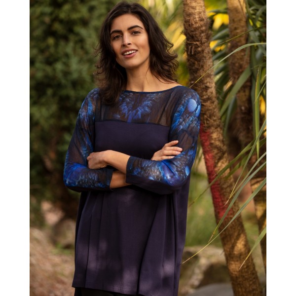 From My Mother's Garden long tunic top in jersey and with a mesh fabric printed with the exclusive Wishes print across the shoulders and sleeves. Available on colmershill.com