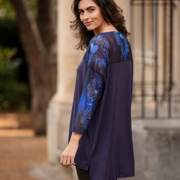 From My Mother's Garden long tunic top in jersey and with a mesh fabric printed with the exclusive Wishes print across the shoulders and sleeves. Available on colmershill.com