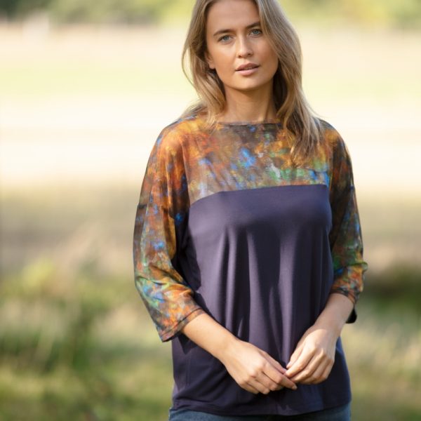 A stunning short jersey top by From My Mother's Garden, a British wearable art fashion label, using the pretty exclusive Reflections print on the shoulders and sleeves. Available on colmershill.com