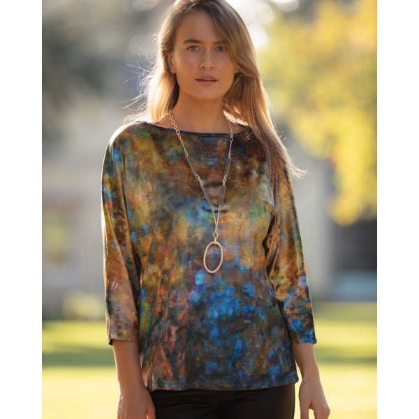 From My Mother's Garden Velvet Top in the exclusive Reflections print with gold, blues and green colours available on colmershill.com