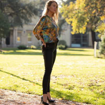 From My Mother's Garden Velvet Top in the exclusive Reflections print with gold, blues and green colours available on colmershill.com