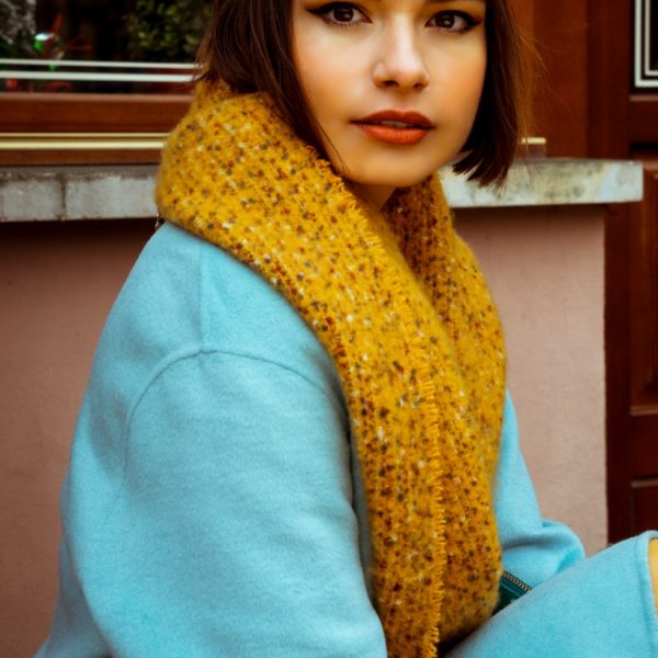 Powder Sandie Scarf is a beautiful mustard yellow colour with a long fringe and is super snug. Makes a great gift or present for yourself. Available on colmershill.com