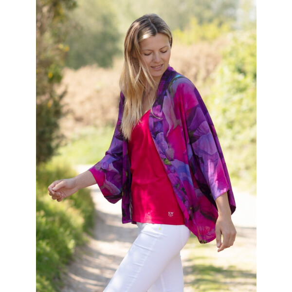 From My Mother's Garden Kimono in the exclusive Sweet Pea print in pinks and mauves available on colmershill.com