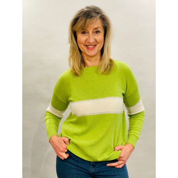 Luella Remi cashmere jumper in lime green with an ivory block and silver lurex border available on colmershill.com