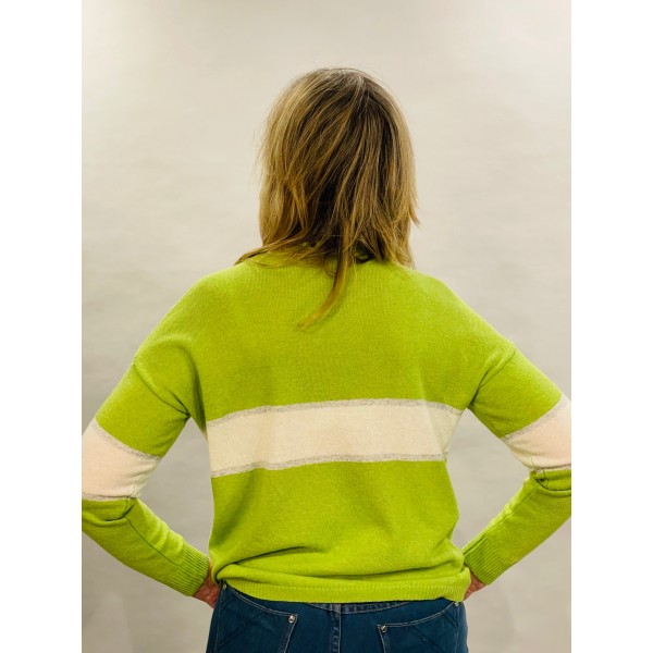Luella Remi cashmere jumper in lime green with an ivory block and silver lurex border available on colmershill.com