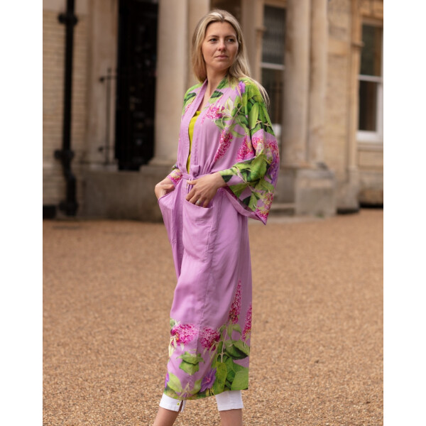 From My Mother's Garden Butterfly Catcher long robe with a Buddleia and Crane's-bill print on dusky print available on colmershill.com