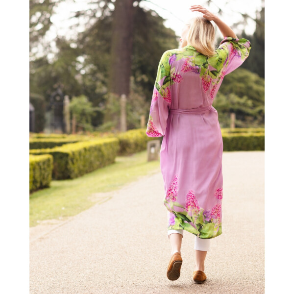 From My Mother's Garden Butterfly Catcher long robe with a Buddleia and Crane's-bill print on dusky print available on colmershill.com