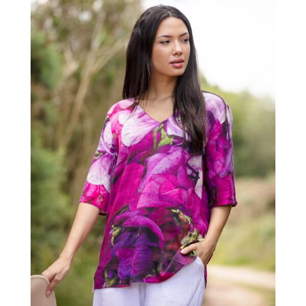 From My Mother's Garden linen tunic in the exclusive Sweet Pea print available in two sizes and made of a sustainable rayon-linen mix fabric