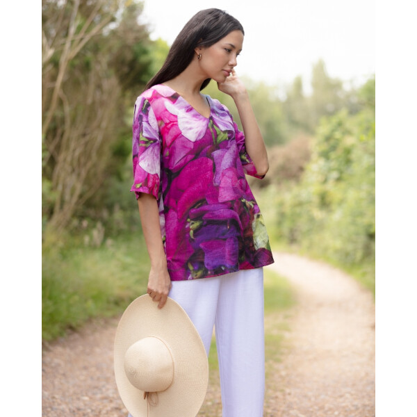 From My Mother's Garden linen tunic in the exclusive Sweet Pea print available in two sizes and made of a sustainable rayon-linen mix fabric