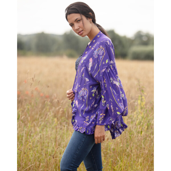 From My Mother's Garden Frill Kimono in the Sew for Bees print by Devon nature artist, Alex Boon