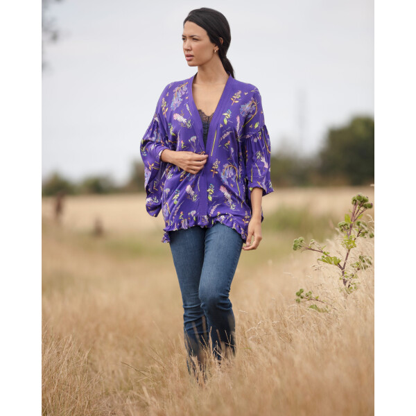 From My Mother's Garden Frill Kimono in the Sew for Bees print by Devon nature artist, Alex Boon