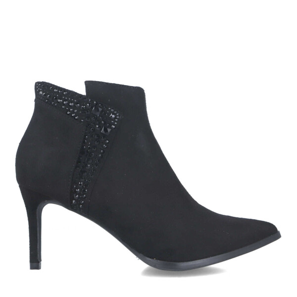 Menbur heel ankle boot with pointed toes in a black microfibre available on colmershill.com