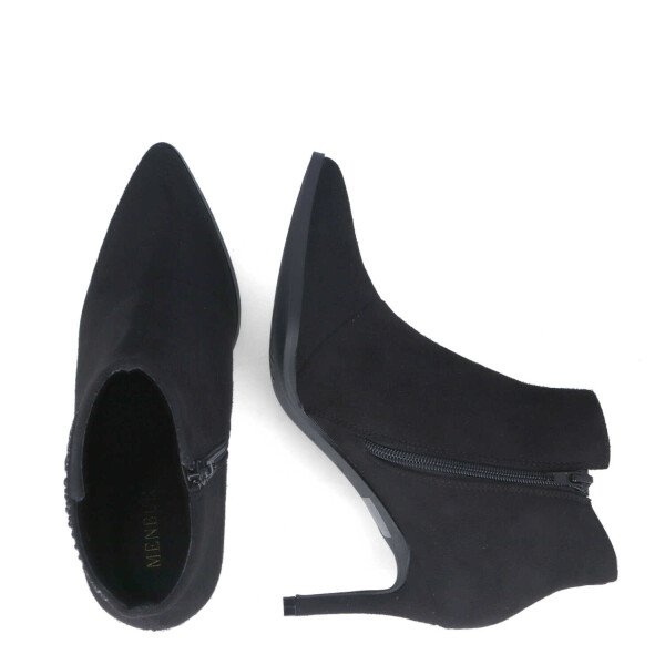 Menbur heel ankle boot with pointed toes in a black microfibre available on colmershill.com