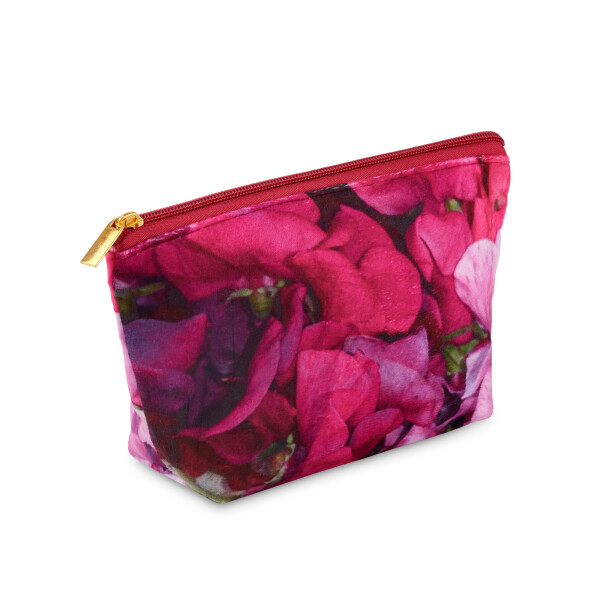 From My Mother's Garden Sweet Pea cosmetic bag in a vibrant pink floral print on velvet available on colmershill.com