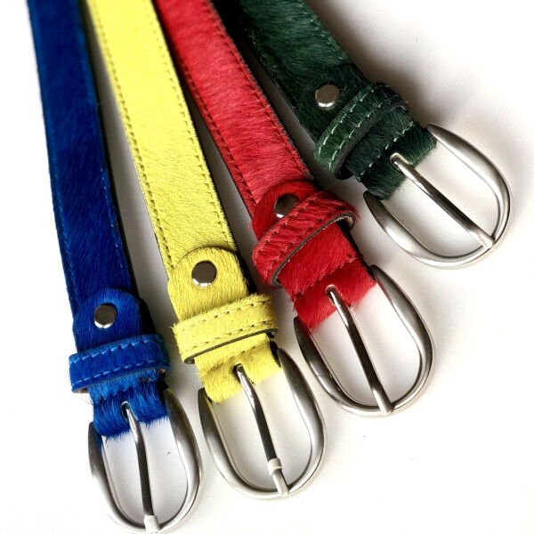 Hydestyle pony skin belts in bright colours including blue, red and bottle green make wonderful gifts