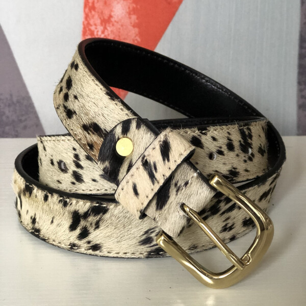 Hydestyle leather belt made of pony skin and leather backing in an animal spotty print is a luxury belt which will make a stylish addition to your casual or smart outfit. Available on colmershill.com