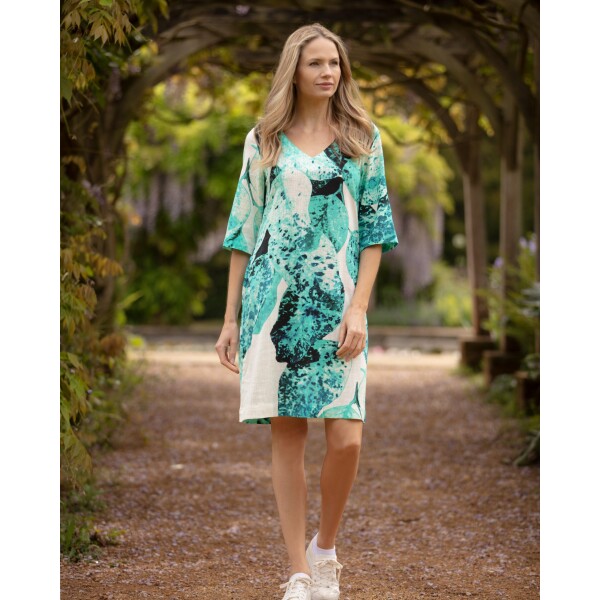 From My Mother's Garden Aqua Leaf Linen Dress available from top UK stockist Colmershill.com