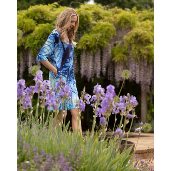From My Mother's Garden Electric Blue Leaf linen mix summer shift dress available from top UK stockist, Colmershill.com