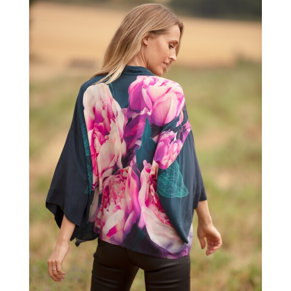 From My Mother's Garden Pink Peonies Short Kimono in a silky sustainable fabric