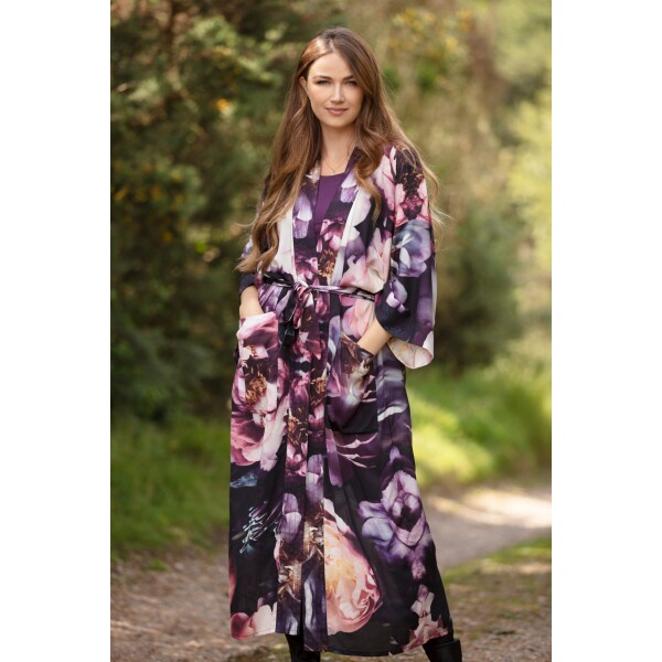 From My Mother's Garden Dreamy Peonies Long Robe is a beautiful dressing gown or duster coat made of a silky sustainable fabric