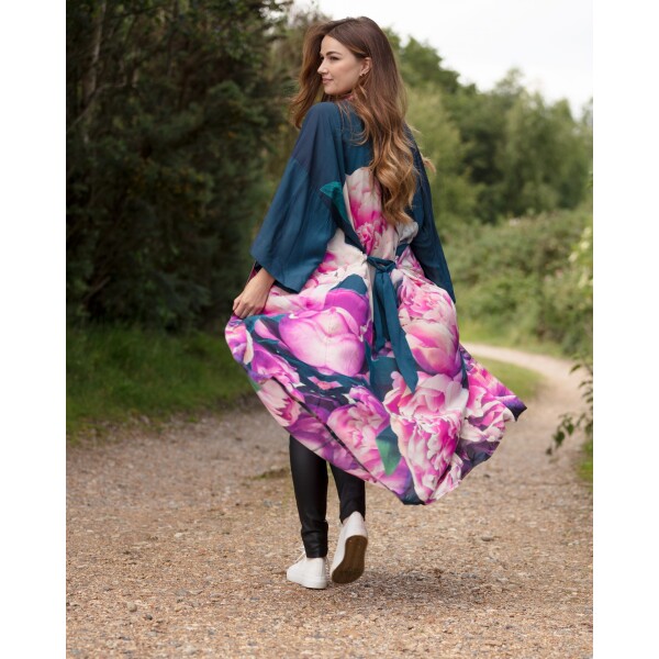 From My Mother's Garden Pink Peonies Long Robe made of a silky sustainable fabric makes a beautiful dressing gown or duster coat