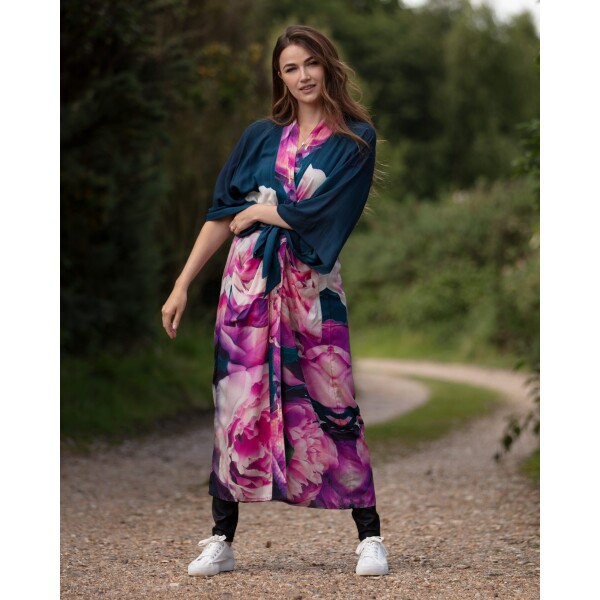 From My Mother's Garden Pink Peonies Long Robe made of a silky sustainable fabric makes a beautiful dressing gown or duster coat