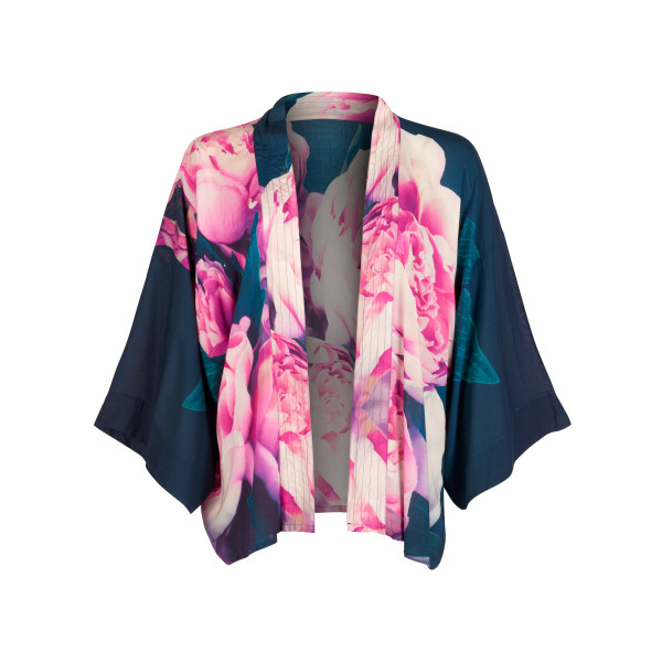 From My Mother's Garden Pink Peonies Short Kimono in a silky sustainable fabric